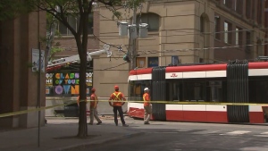 A TTC streetcar that derailed after a collision in downtown Toronto on June 1, 2024 is seen here.