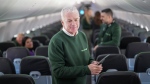 Flair Airlines chief executive Stephen Jones will be stepping down this summer after more than three-and-a-half years at the helm of the discount carrier. Jones speaks with employees aboard on one of the company's Boeing 737 MAX 8 aircraft after the airline announced their sustainability initiatives, in Richmond, B.C., Wednesday, April 17, 2024. THE CANADIAN PRESS/Darryl Dyck