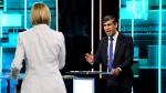 Prime Minister and Conservative Party leader Rishi Sunak is questioned by ITV host Julie Etchingham during the first election debate on June 4 in Manchester, England. (Jonathan Hordle / ITV)