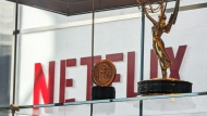 Awards, including an Emmy, are displayed at Netflix headquarters Los Gatos, Calif. on March 7, 2024.(AP Photo/Mike Liedtke)