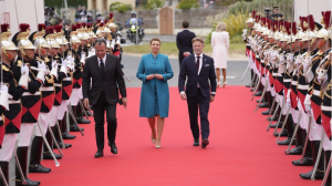 Danish Premier Mette Frederiksen arrives at the international ceremony at Omaha Beach, Thursday, June 6, 2024 in Normandy. (AP Photo/Viginia Mayo, Pool)
