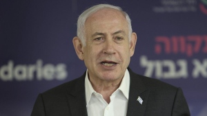 Israeli Prime Minister Benjamin Netanyahu speaks during a news conference on Saturday, June 8, 2024. (Jack Guez/Pool Photo via AP) 