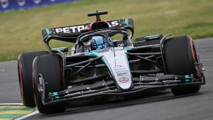 Mercedes driver George Russell of Great Britain drives through the Senna corner during qualifying at the Formula One Canadian Grand Prix in Montreal, Saturday, June 8, 2024. THE CANADIAN PRESS/Graham Hughes