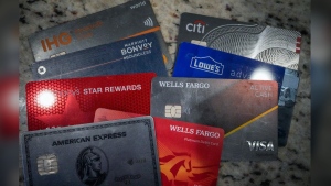 FILE - A variety of credit cards are shown on Jan. 18, 2024, in Atlanta. Seriously overdue credit card debt is at the highest level in 14 years, and people 35 and under are struggling more than other age groups to pay their bills. (AP Photo/Mike Stewart, File)