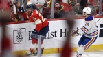 Florida Panthers center Carter Verhaeghe (23) reacts after scoring a goal during the first period of Game 1 of the NHL hockey Stanley Cup Finals against the Edmonton Oilers Saturday, June 8, 2024, in Sunrise, Fla. (AP Photo/Michael Laughlin)
