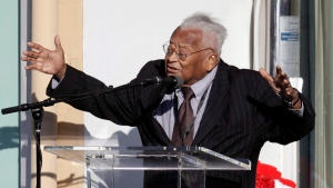 Rev. James Lawson speaks on the balcony outside Room 306 at the National Civil Rights Museum, formerly the Lorraine Motel, on the 50th anniversary of the assassination of Rev. Martin Luther King Jr., Wednesday, April 4, 2018. (Mark Humphrey/AP Photo)