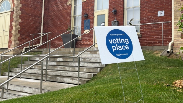 A sign is shown outside a Mississauga polling station on June 10. (X/@citymississauga)