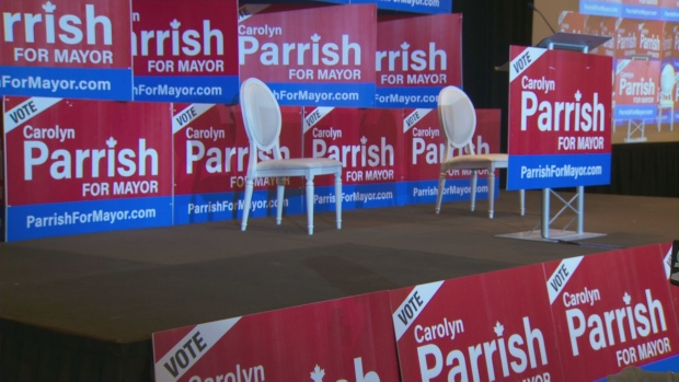 Campaign signs are pictured at Carolyn Parrish's election night headquarters at the Mississauga Convention Centre Monday June 10, 2024. 