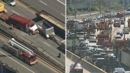 Traffic is shown backed up on the Gardiner Expressway in Toronto following a fatal collision on Tuesday afternoon. (CP24)