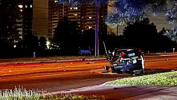 Three people were transported to hospital after a crash in Scarborough on Tuesday night. (Mike Nguyen/ CP24)