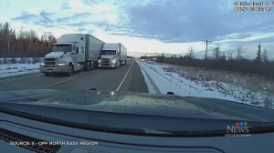 WATCH: A Toronto transport driver has been charged after nearly causing a head-on crash while trying to pass another vehicle on Hwy. 11. March 30, 2024 (Ontario Provincial Police)