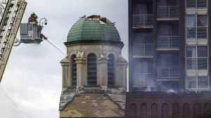 Firefighters work to put out a blaze at St. Anne's Anglican Church in Toronto's west end on June 9, 2024. THE CANADIAN PRESS/Cole Burston
