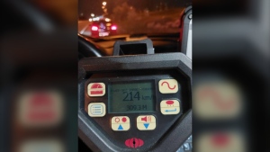 A speed gun is shown after a driver was clocked at 214 km/h on Highway 403. (X/OPP_HSD)