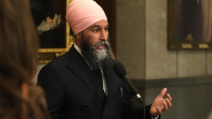 New Democratic Party Leader Jagmeet Singh speaks in the Foyer of the House of Commons on Parliament Hill in Ottawa on Wednesday, June 12, 2024. THE CANADIAN PRESS/ Patrick Doyle