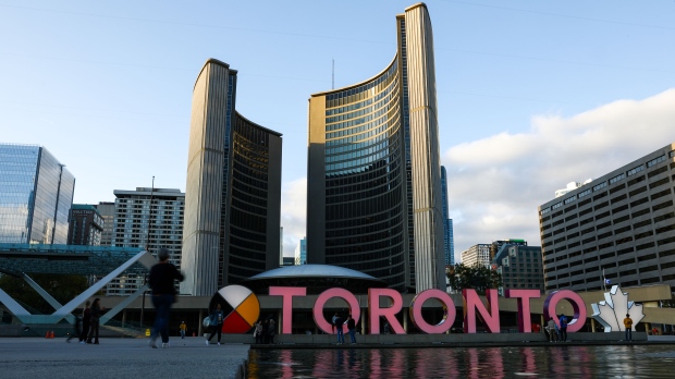 The Toronto sign in Nathan Phillips Square is shown at city hall in Toronto on Thursday, Sept. 30, 2021. THE CANADIAN PRESS/Evan Buhler 