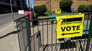 An election sign is pictured outside a polling station in Toronto-St. Paul's as advance voting kicks off in a federal byelection in the ward Friday June 14, 2024. 