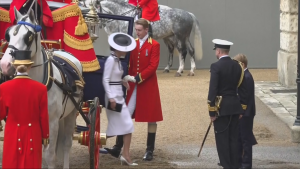 Catherine, Princess of Wales, steps out of a carriage upon arriving at the Trooping of the Colour in London, United Kingdom (Screengrab, CTV News Channel)
