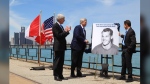 Michigan Governor Rick Snyder, left to right, Prime Minister Stephen Harper and Murray Howe, Gordie Howe's son, announce that the Detroit River International Crossing will be named the Gordie Howe International Bridge, on the waterfront, in Windsor, Ontario, Thursday May 14, 2015. THE CANADIAN PRESS/Dave Chidley