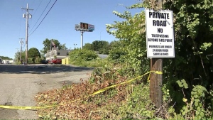 Crime tape is placed near the scene of a overnight shooting in Methuen, Mass., early Sunday, June 16, 2024. (WCVB via AP)