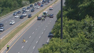 All lanes of the DVP are closed amid an investigation after one man died and another was injured on Sunday, June 16, 2024. (CP24)
