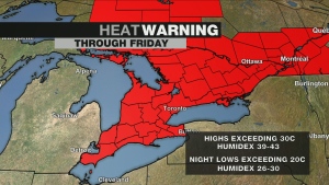 CP24's radar shows the parts of Ontario under a heat warning this week.