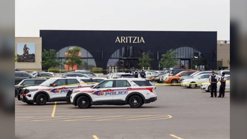 Police are investigating after a woman in 20s was found with a gunshot wounds in the parking lot of Vaughan Mills Shopping Centre late Tuesday afternoon. (Jacob Estrin/CTV News Toronto)
