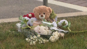 A makeshift memorial for Matteo, a six-year-old boy who was killed on June 19 in a school bus collision in Vaughan.