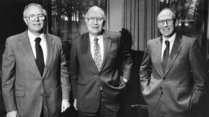 The Irving brothers, from left, John, James and Arthur are seen Nov. 7, 1987. Businessman James K. Irving has died at the age of 96. (The Canadian Press/Scott Perry)