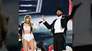  Taylor Swift is joined on stage by Travis Kelce (R), during "Taylor Swift | The Eras Tour" at Wembley Stadium on June 23, 2024 in London, England. (Photo by Gareth Cattermole/TAS24/Getty Images for TAS Rights Management )
