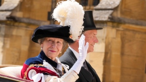 Princess Anne and her husband Tim Lawrence pictured in Windsor, England, Monday, June 17, 2024. (AP Photo/Kirsty Wigglesworth, Pool)