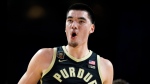 Purdue center Zach Edey celebraters after a basket against UConn during the first half of the NCAA college Final Four championship basketball game, Monday, April 8, 2024, in Glendale, Ariz. THE CANADIAN PRESS/AP-Brynn Anderson