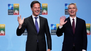 NATO Secretary General Jens Stoltenberg, right, greets Netherland's Prime Minister Mark Rutte during arrivals for a NATO summit in Vilnius, Lithuania, Tuesday, July 11, 2023 (Pavel Golovkin / AP Photo, File)
