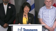 Olivia Chow speaks at a press conference ahead of a city council meeting Wednesday June 26, 2024, one year after being elected mayor of Toronto. 