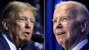 This combo image shows Republican presidential candidate former President Donald Trump, left, March 9, 2024 and President Joe Biden, right, Jan. 27, 2024. THE CANADIAN PRESS/AP Photo, File