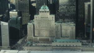 Toronto’s first hotel, the Ontario Terrace, was constructed on Front Street West at York Street in 1843. The prominent Royal York Hotel was later built at that site in 1927, the same year that Union Station also opened right across the street. A 1986 photograph of Union Station and the Royal York Hotel looking north. (City of Toronto Archives)