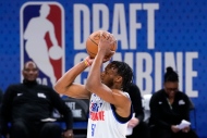 Team St. Andrews' Bronny James shoots a free throw during the 2024 NBA Draft Combine 5-on-5 basketball game against Team Love in Chicago, Wednesday, May 15, 2024. (AP Photo/Nam Y. Huh) 