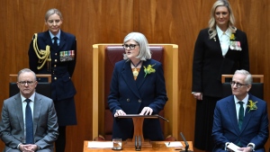 Governor General of Australia Sam Mostyn, center, speaks during the swearing in ceremony in the Senate chamber at Parliament House in Canberra, Monday, July 1, 2024. (Lukas Coch / AAP Image via AP)