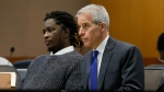 Young Thug, whose real name is Jeffery Lamar Williams, and his lawyer, Brian Steel, watch Judge Ural Glanville speak during the hearing of key witness Kenneth Copeland at the Fulton County Superior Court in Atlanta on June 10, 2024. (Miguel Martinez/Atlanta Journal-Constitution via AP, file)