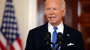 President Joe Biden speaks in the Cross Hall of the White House in Washington on Monday, July 1, 2024. (AP Photo/Jacquelyn Martin)