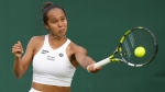 Leylah Fernandez of Canada plays a forehand return to Lucia Bronzetti of Italy during their first-round match at the Wimbledon tennis championships in London, Tuesday, July 2, 2024. THE CANADIAN PRESS/AP/Kirsty Wigglesworth