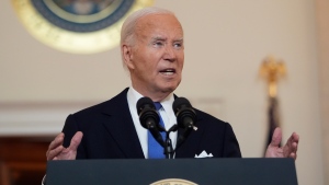 U.S. President Joe Biden speaks in the Cross Hall of the White House Monday, July 1, 2024, in Washington. (Jacquelyn Martin / AP Photo)