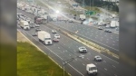 The eastbound express lanes of Highway 401 are closed at Mississauga Road following a collision. (MTO camera screengrab)