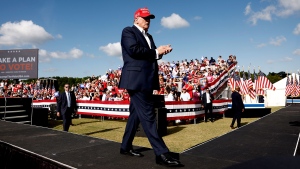 Former President Donald Trump walks off stage after speaking at a rally in Chesapeake, Virginia, on June 28, 2024. (Anna Moneymaker / Getty Images)