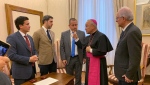 Then-Deputy Vatican secretary of state Monsignor Edgar Peña Parra, second from right, receives a Venezuelan delegation representing opposition leader Juan Guaido, at the Vatican, Monday, Feb. 11, 2019. (Imperatrice Bruno/UCG photo via AP, File)