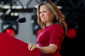 Minister of Finance and Deputy Prime Minister Chrystia Freeland delivers remarks during Canada Day celebrations at LeBreton Flats in Ottawa, on Monday, July 1, 2024. Freeland says the "vast, vast majority" of Liberal MPs continue to support their leader. THE CANADIAN PRESS/Spencer Colby