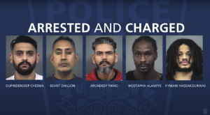 Five suspects taken into custody in connection with a extortion investigation in Peel Region are shown. (Peel Regional Police)