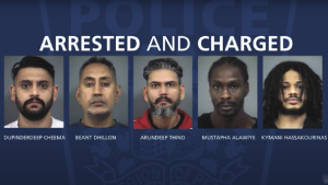 Five suspects taken into custody in connection with a extortion investigation in Peel Region are shown. (Peel Regional Police)