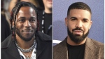 A composite image, made from two photos, show musician Kendrick Lamar, left, Aug. 27, 2017, in Inglewood, Calif., and Aubrey Graham, better known as Drake, at the premiere of the series "Euphoria," in Los Angeles on June 4, 2019. Lamar released the video for his hit Drake takedown track "Not Like Us," featuring imagery that references the Toronto rapper and his October's Very Own fashion brand. THE CANADIAN PRESS/AP-Invision, Chris Pizzello