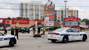 Police are on the scene of a collision between a motorcycle and another vehicle in Mississauga on Saturday, July 6, 2024. (Jacob Estrin for CTV News Toronto)