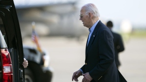 U.S. President Joe Biden arrives at Delaware Air National Guard Base in New Castle, Del., Friday, July 5, 2024, from a campaign rally in Madison, Wis. (AP Photo/Manuel Balce Ceneta)
